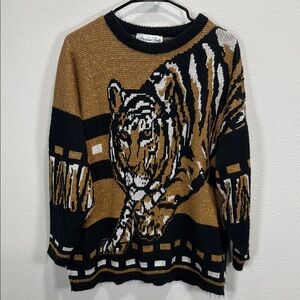 Previous Knits‎ Tiger sweater Black gold and Brown Crewneck Sweater